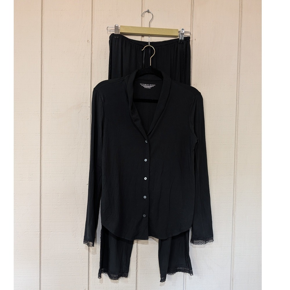 Victorias Secret Black Modal Lace Trim Pajama Set Long Sleeve Button Top Small
